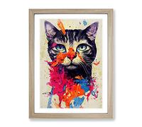 Catt Paint Splash Framed Wall Art Print A2 Oak