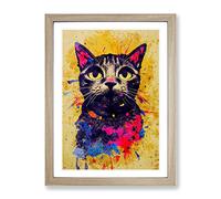 Catt Paint Splash No.1 Framed Print | A4 Oak Framed Wall Art | Ready to Hang | Modern Nature Picture | Living Room Bedroom Lounge Office