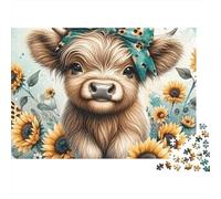 Cattle 1000 Pieces Sunflower Bow Cow Recycled Cardboard Puzzle for Rainy Day Indoor Activity Family Game Night Senior Citizens Senior Centre Activity Gift 52x38cm/1000pcs