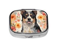 Cattle Dog Florals Pill Case 2 Compartment Pill Box Portable Metal Pill Organizer Cute Travel Pill Container Vitamin Organizer for Purse Pocket Travel Gift