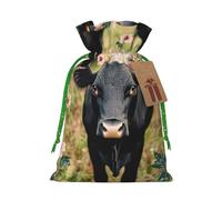 Cattle Farm Sanctuary Printed Christmas Drawstring Bags Reusable Bag for Party Xmas Gift Wrapping, Green Ribbon, S