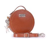 Catwalk Collection Handbags Genuine Leather Crossbody Bag - Tiffany Tan CS | Women's Circle Top Handle Handbag, Small Round Evening Bag, Detachable Adjustable Cross Body Strap, Secure Zip Closure