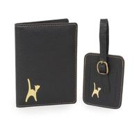 Catwalk Collection Handbags Leather Passport Cover and Luggage Tag Black | Women's Travel Gift Set, Genuine Leather, Passport Holder, Suitcase Label, RFID Protected 4 Card Holiday Wallet, Gift Boxed