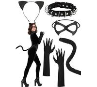 Catwoman Costume 5pc Cat Woman Accessories with Black Cat Mask Gloves Necklace Cat Ears Headband and Tail Outfit Set for Women Halloween Cosplay