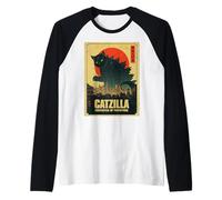 Catzilla Cat Monster Japanese Art Funny Parody Gifts Raglan Baseball Tee