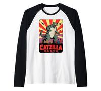 Catzilla Funny Giant Cat City Chaos Raglan Baseball Tee