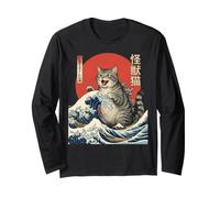 Catzilla Giant Kaiju Cat Monster Japanese Great Wave Artwork Long Sleeve T-Shirt
