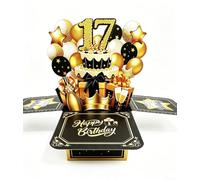 Caughttui 17th Birthday Card, Black Gold 3D Pop Up Card For 17 Year Old With Cake Balloon Crown Design, Happy Birthday Card Gift With Envelope And Note Card