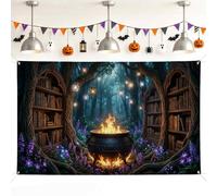 Cauldron Backdrop, Mystical Fantasy Books Fire Halloween Violet Photo Background for Photo Booth Party Gathering Event Background 71x43 Inch