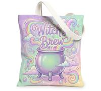 Cauldron Canvas Tote Bag, Fanciful Playful Rainbow Clouds Halloween Pastel Green Market Tote Bag 13x15 Inch, Pastel Green, 13x15 Inch