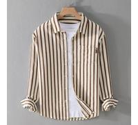 Causal Men's Lapel Blouse with Stripes and Buttons Great for All Seasons (L Khaki)