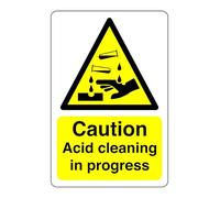 Caution acid cleaning in progress sign - Acid, Corrosive, Hazardous, Chemicals, Harmful - 1.2mm Rigid plastic for indoor/outdoor usage (400mm x 300mm) Viewing Distance within 14m.