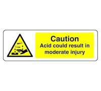 Caution Acid Could Result In Moderate Injury - safety sign - High tack self-adhesive sticker (150mm x 50mm) Viewing Distance within 3m.