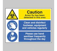 Caution Avian flu has been detected in this area Multi-message clean and disinfect, use hand sanitiser Size: (900x600mm) Semi Rigid PVC Safety Sign by Caledonia Signs