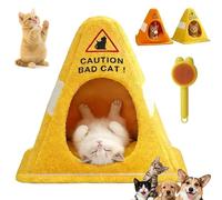 Caution Bad Cat Bed, 2026 Funny Soft Fleece Cozy Zipper Pet House with Detachable Inner Padding, Funny Enclosed Cat Cave Bed with Warning Sign Design, for Cats Dogs (A,22 * 22 * 12.6in)