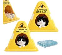 Caution Bad Cat Bed, Funny Enclosed Cat Cave Bed With Warning Sign Design, Soft Fleece Cozy Zipper Pet House With Detachable Washable Cushion, Non-Slip Bottom For Indoor Cats & Small Dogs (2 PCS)