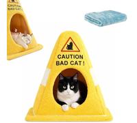 Caution Bad Cat Bed, Funny Enclosed Cat Cave Bed With Warning Sign Design, Soft Fleece Cozy Zipper Pet House With Detachable Washable Cushion, Non-Slip Bottom For Indoor Cats & Small Dogs (1 PCS)
