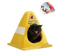 Caution Bad Cat Bed, Funny Soft Cozy Enclosed Cats Cave Tent House with Detachable Padding, Zipper Quick Assembly/Disassembly, 3D Triangular Structure Anti-Collapse, for Indoor Cat (L)
