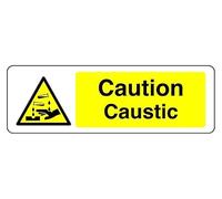 Caution Caustic - safety sign - High tack self-adhesive sticker (300mm x 100mm) Viewing Distance within 5m.