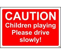 Caution Children Playing Please Drive Slowly Safety Sign - Self Adhesive Sticker 300mm x 200mm