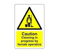 Caution cleaning in progress by female operative sign - 1.2mm Rigid plastic for indoor/outdoor usage (150mm x 100mm) Viewing Distance within 3m.