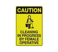 Caution Cleaning In Progress By Female Operative Sign 12 X 8 Inches Reflective Aluminum Metal Warning Signage With Symbol For Indoor Outdoor Use