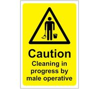 Caution cleaning in progress by male operatives toilet Safety sign - 1.2mm Rigid plastic 300mm x 200mm