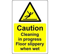 Caution cleaning in progress Floor slippery when wet Safety sign - Self adhesive sticker (300mm x 200mm)