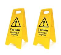 Caution Cleaning In Progress Signs - Pack of 2 | High-Visibility Yellow Folding A-Board Safety Signs | Double-Sided Warning Floor Stands for Cleaners, Shops, Offices & Public Areas