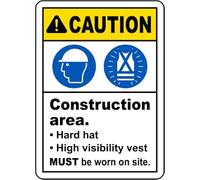 Caution Construction Area. Hard Hat High Visibility Vest Must Be Worn On This Site. Metal Sign Plaque Poster 8X12 Inches