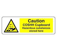 Caution Coshh Cupboard Hazardous Substances Stored Here - safety sign - 1.2mm Rigid plastic for indoor/outdoor usage (150mm x 50mm) Viewing Distance within 3m.