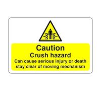 Caution crush hazard can cause serious injury or death sign - High tack self-adhesive sticker (150mm x 100mm) Viewing Distance within 3m.