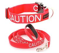 CAUTION (Do Not Approach) Red Colour Coded S-M L-XL Dog Collar and 60cm 1.2m 1.8m Luxury Neoprene Padded Handle Lead Sets PREVENTS Accidents By Warning Others Of Your Dog In Advance (S-M & 1.8m)