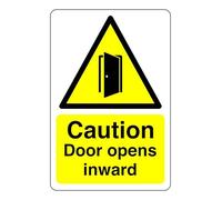 Caution door opens inwards sign - 1.2mm Rigid plastic for indoor/outdoor usage (300mm x 200mm) Viewing Distance within 7m.