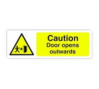 Caution Door Opens Outwards - safety sign - High tack self-adhesive sticker (150mm x 50mm) Viewing Distance within 3m.