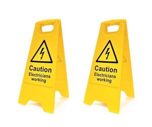 Caution Electricians Working Floor Sign - Pack of 2 | Double-Sided Safety Warning Sign | Foldable A-Frame, High Visibility | Electrical & Workplace Safety