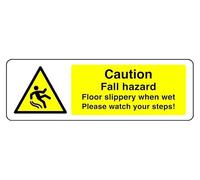 Caution Fall Hazard Floor Slippery When Wet Please Watch Your Steps - safety sign - High tack self-adhesive sticker (150mm x 50mm) Viewing Distance within 3m.