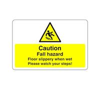 Caution fall hazard floor slippery when wet please watch your steps! sign - 1.2mm Rigid plastic for indoor/outdoor usage (150mm x 100mm) Viewing Distance within 3m.