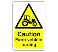 Caution farm vehicle turning sign - 1.2mm Rigid plastic for indoor/outdoor usage (200mm x 150mm) Viewing Distance within 5m.