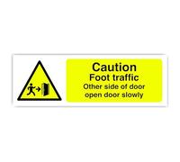 Caution Foot Traffic Other Side Of Door Open Door Slowly - safety sign - High tack self-adhesive sticker (600mm x 200mm) Viewing Distance within 14m.