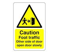 Caution footpath traffic other side of door open door slowly sign - High tack self-adhesive sticker (150mm x 100mm) Viewing Distance within 3m.