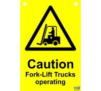 Caution fork-lift trucks operating double sided safety sign, pre-drilled with 2 corner holes sign - 1.2mm rigid plastic 300mm x 200mm