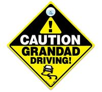 CAUTION GRANDAD Driving Car Sign, Suction Cup Car Window Sign, Baby On Board Sign Style, Joke Elderly Driver Car Sign in Super Bright Yellow and Black 14cm x 14cm X 2cm