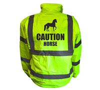 Caution Horse With Horse Image Yellow Hi Vis Bomber Jacket Reflective, Equestrain, Horse Riding, Conforms to EN20471 Class 3, High Visibility, By Brook Hi Vis, Small