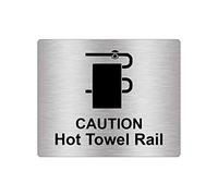 Caution Hot Towel Rail Sign Adhesive Sticker Notice, Metallic Silver Engraved Black with Universal Icon Symbol and Text (Size 12cm x 10cm)