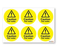 Caution Hot Water Safety Stickers Sign - 6 Pack Self Adhesive 65mm Diameter Vinyl Signs