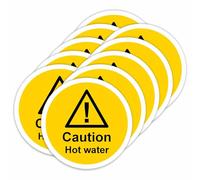 Caution Hot Water Self-Adhesive Vinyl Signs Stickers by Viro Display - 80 x 80mm - 10 Pack - Waterproof & UV Resistant for Kitchens & Bathrooms