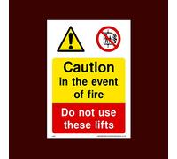 Caution in event of fire do not use these lifts Sticker/Self Adhesive Sign - Lift, Service, Pit, Dogs, Left, Right, KGS (LE15)