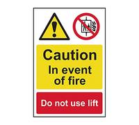 ‘Caution In The Event Of Fire Do Not Use Lift’ Sign, Self-Adhesive Semi-Rigid PVC (200mm x 300mm)