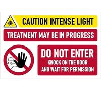 Caution, intense light, treatment may be in progress, do not enter safety sign - Self adhesive sticker (200mm x 150mm)